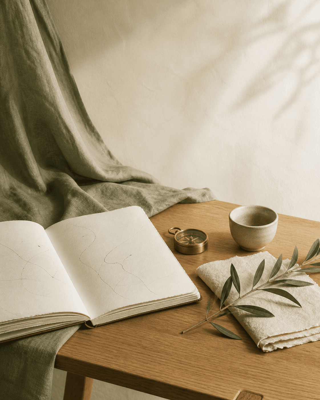 Chiếc bàn yên tĩnh với ghi chú, chất liệu và ánh đèn studio ấm